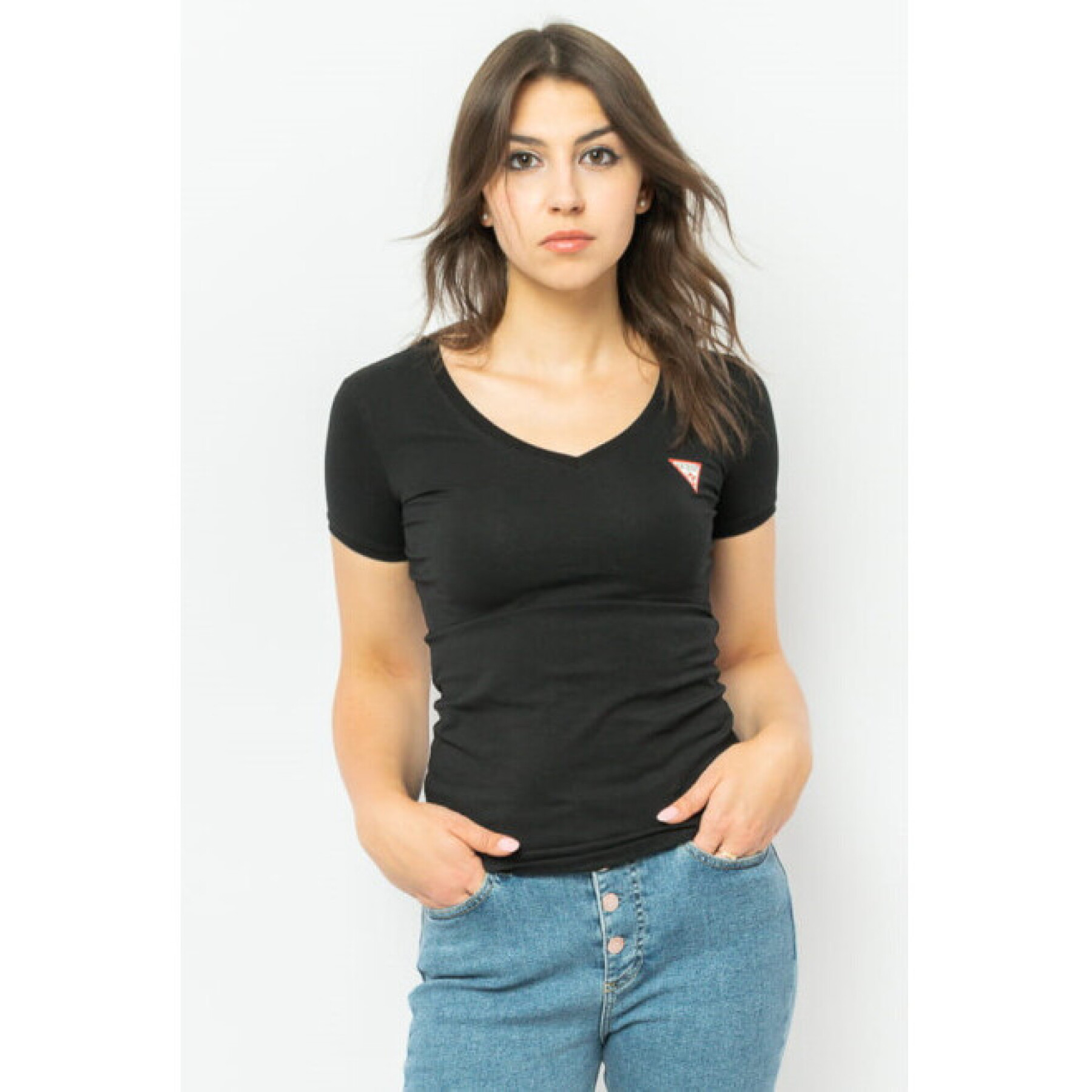 T-shirt de pescoço em v das mulheres Guess Mini Triangle
