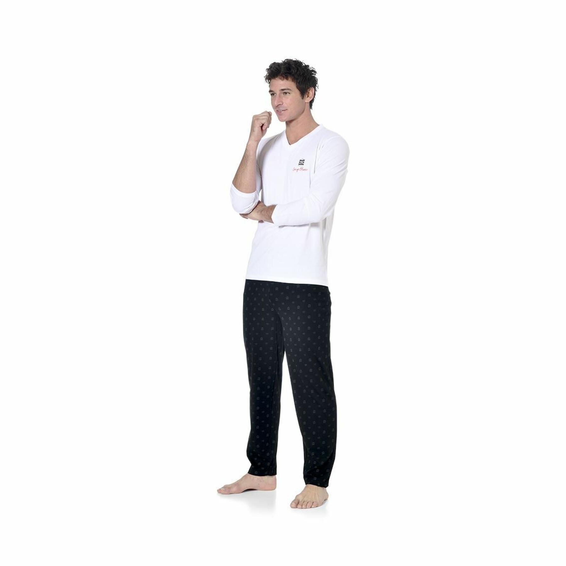 Conjunto de pyjama longo com camisola de dois tons em V Serge Blanco